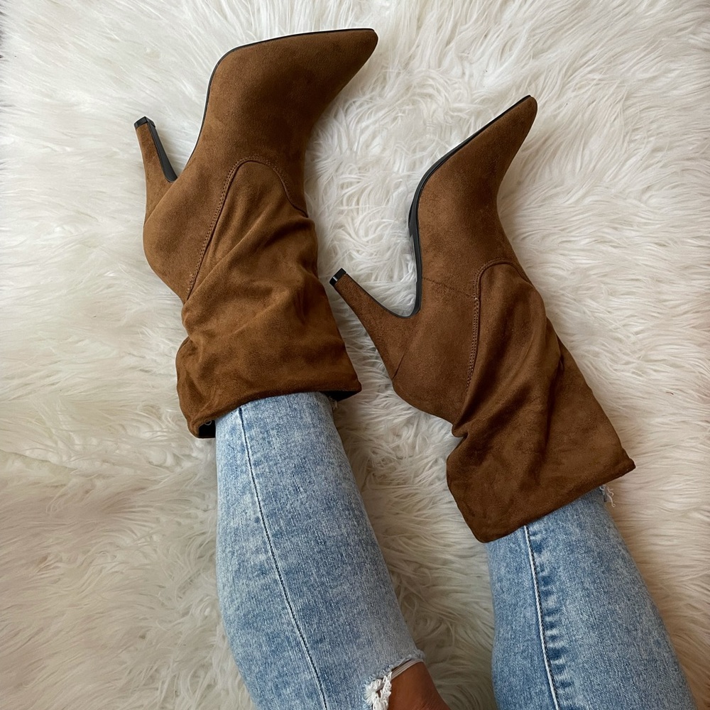 Cognac Slouchy Pointed Toe Faux Suede Boots